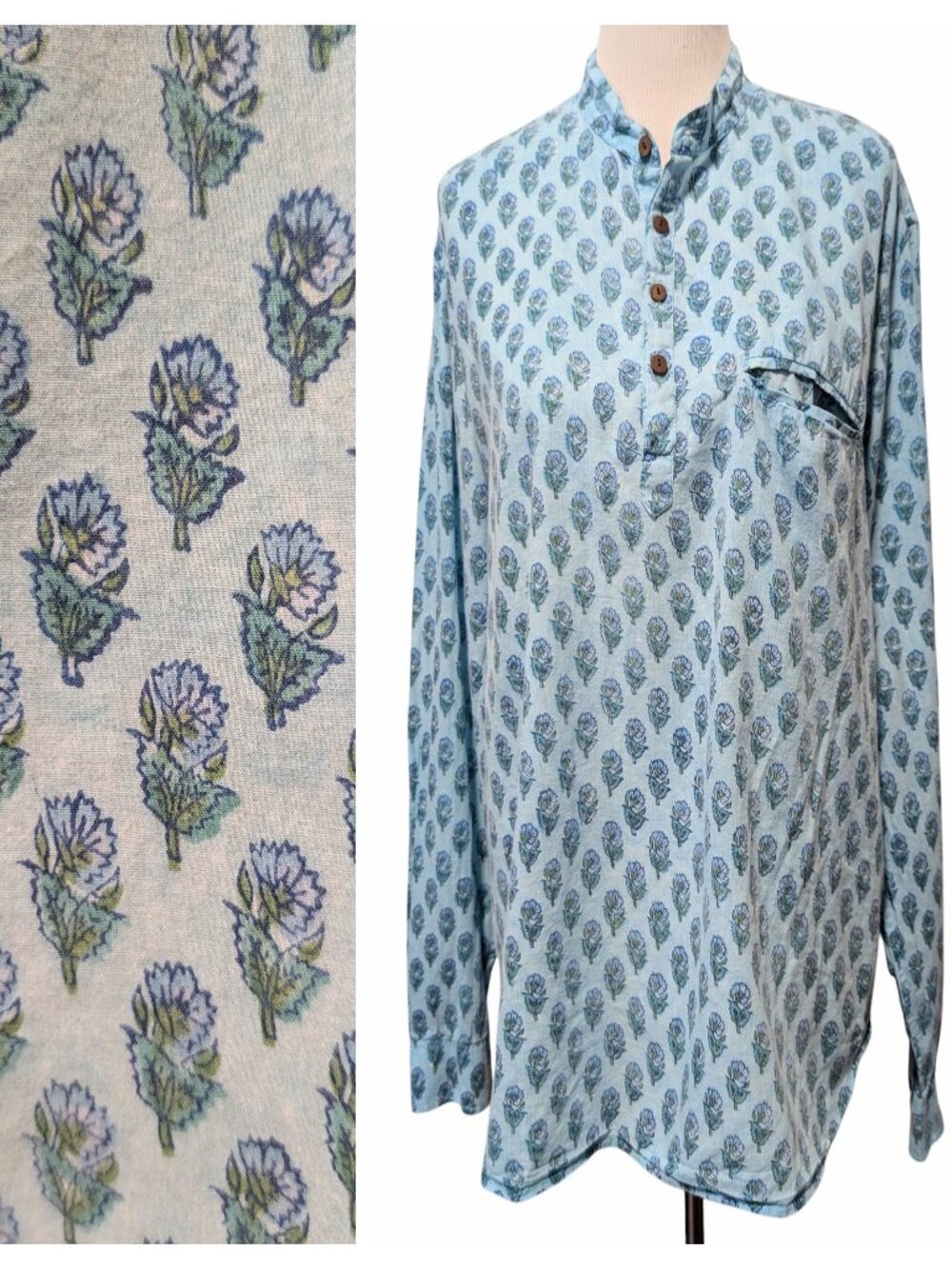 Prints Valley Mens Unisex Sz XL Blue Block Print Floral Long Sleeve Kurta Shirt